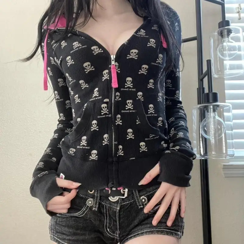 Gothic Skeleton Print Cardigan Contrast Hooded Sweatshirt Punk Jacket Women Autumn Y2k New Slim Fit Zip Hoodie Kawaii Clothes